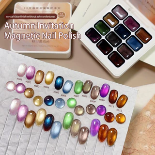 XEIJAYI - Caramel and blue shimmering cat-eye gel nail polish, long-lasting and glossy, 12-color set.