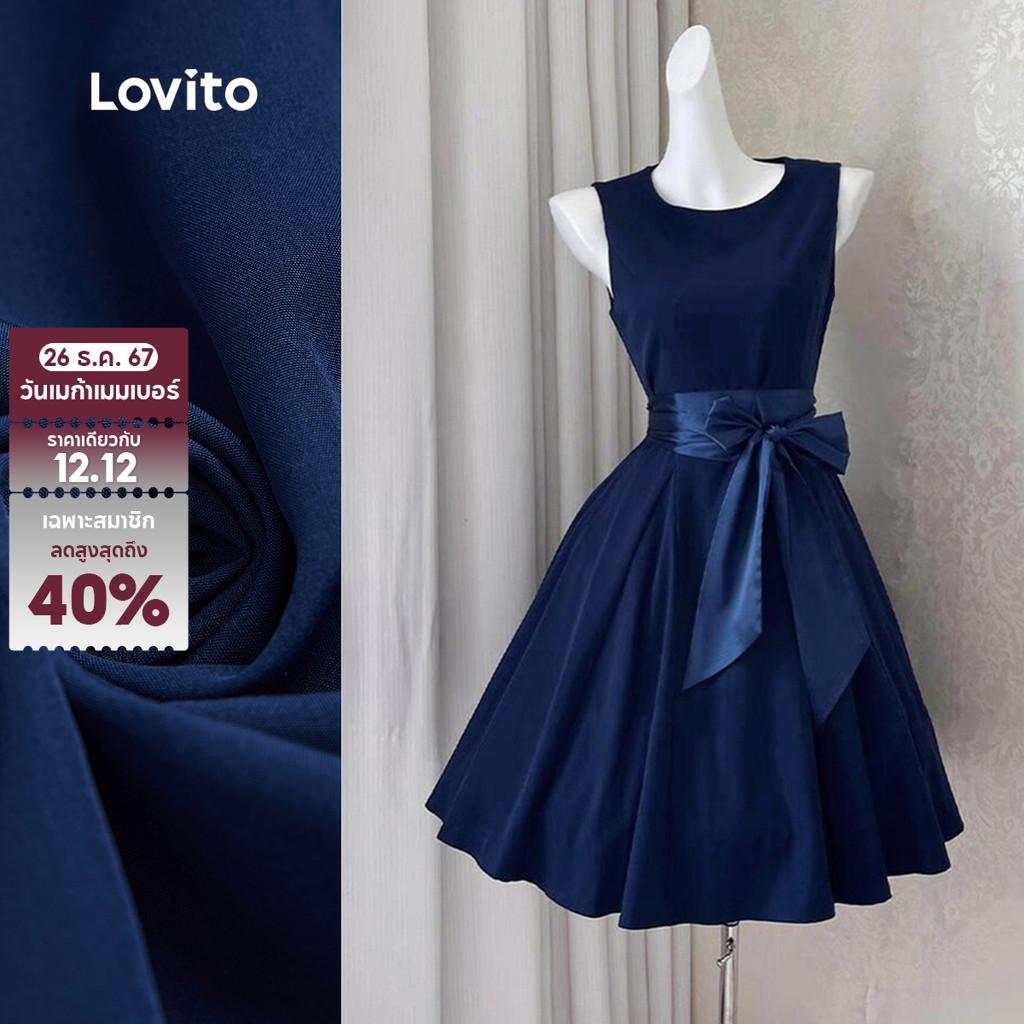 (NEW) Lovito ชุดเดรสหรู ผ้าตกแต่งด้วยเทปตัดต่อลายเย็บ สีฟ้าเข้ม ฤดูใบไม้ผลิ/ฤดูร้อน L155AD289