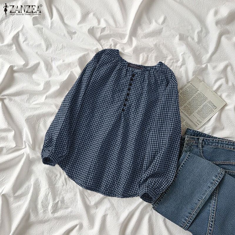 ZANZEA ผู้หญิงเกาหลีวินเทจลําลองคอกลมแขนโคมไฟออกแบบปุ่มจีบเสื้อลายตารางหมากรุก — صورة 4