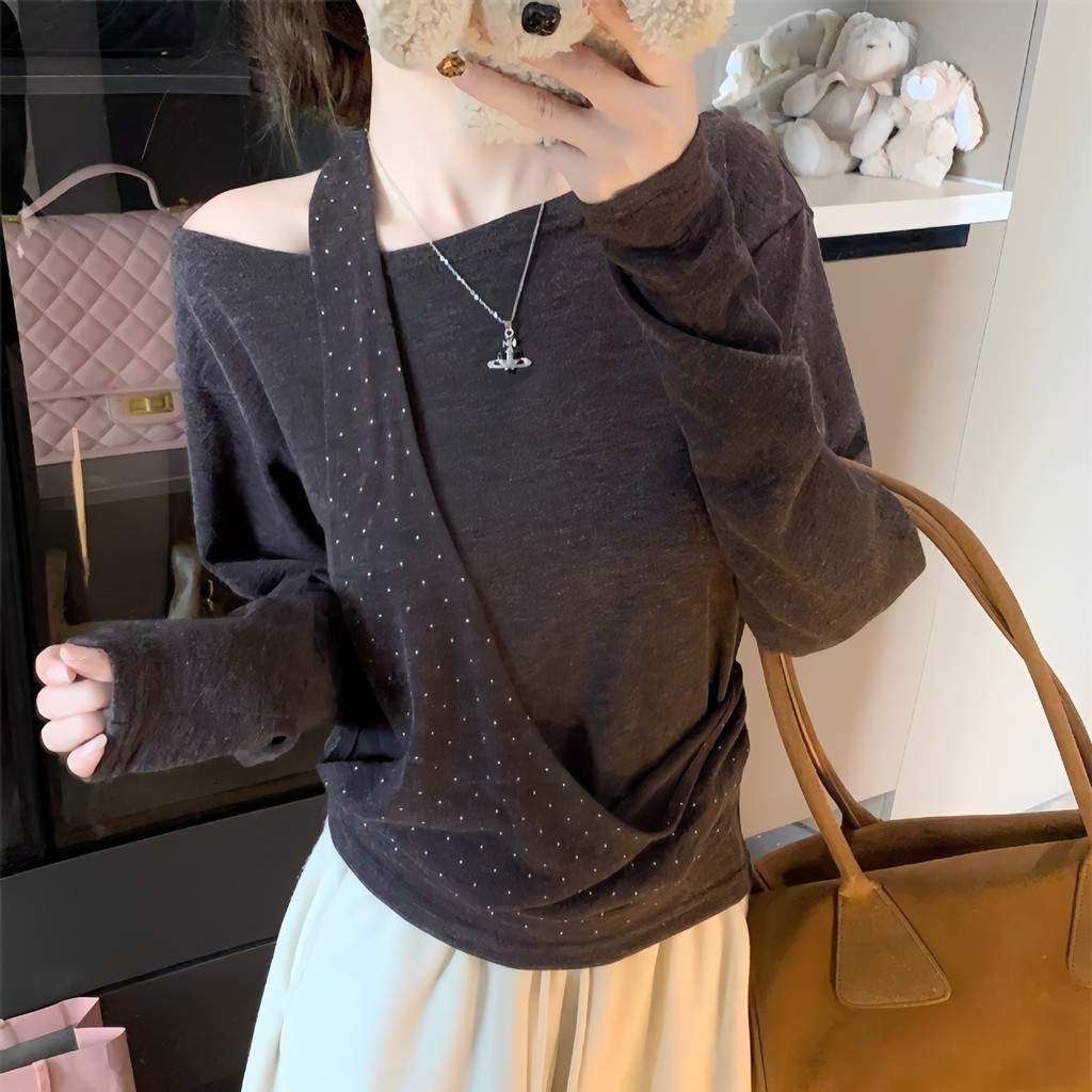 Nine-Nine ออกแบบผ้ารู้สึก Chic Polka Dot เสื้อยืดแขนยาวผู้หญิง Strapless Slim-Fit Slimmer ดูด้านบน 1