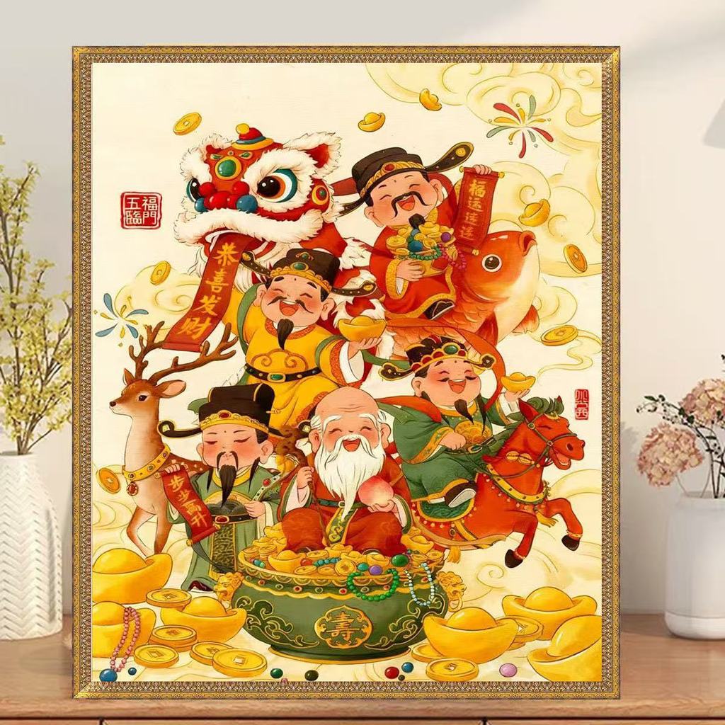 ปักครอสติสสไตล์ใหม่ Five-Way God of Wealth Lucky Fortune ตกแต่งห้องนั่งเล่นประณีต Hand Emb