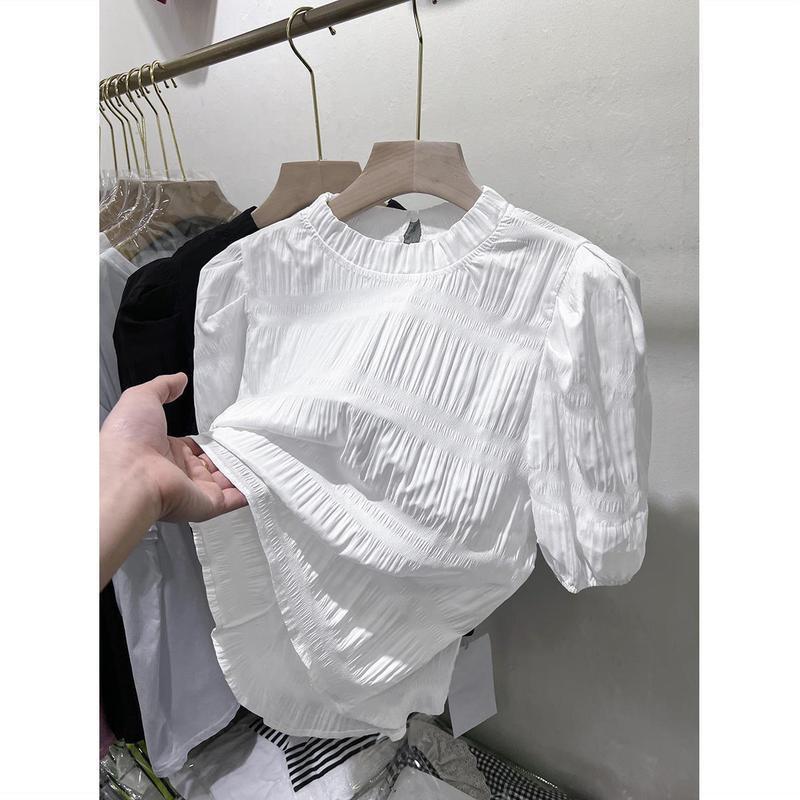 Chili Koko เสื้อชีฟอง คอวี แขนพัฟฝรั่งเศส สำหรับผู้หญิง แขนสั้น สไตล์ฤดูร้อน 2026 สีดำ เรียบหรู เอว-รัด W695