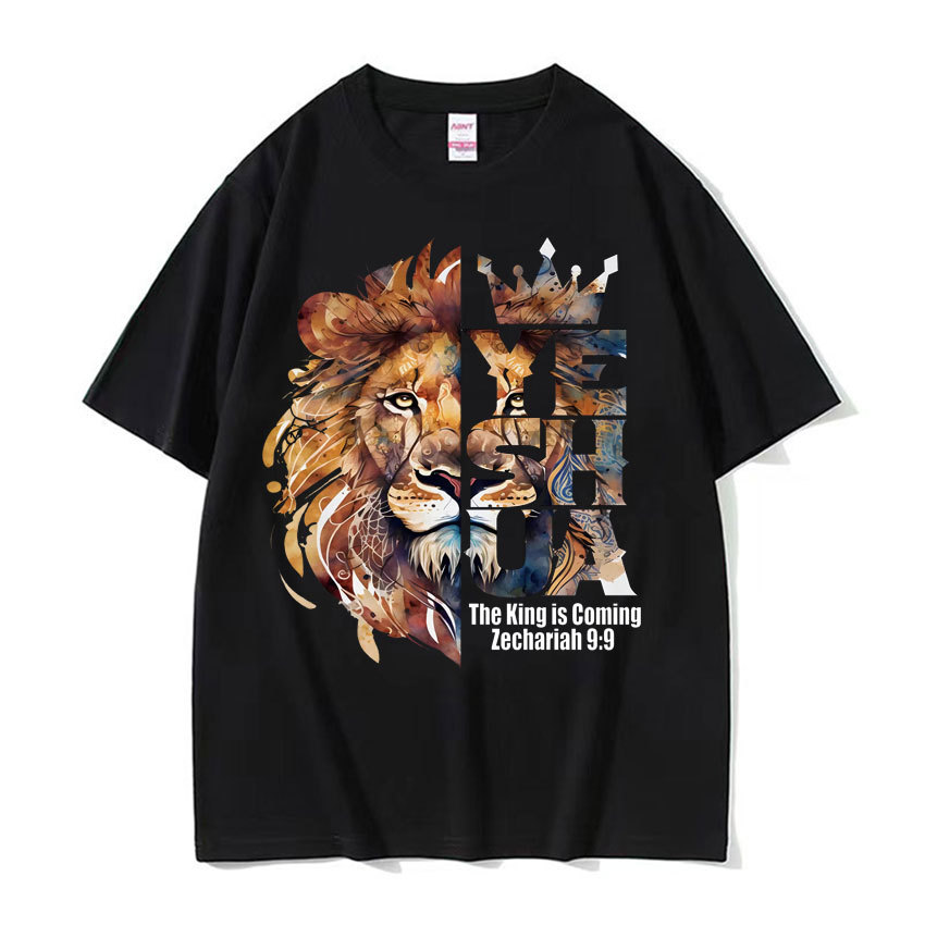 จัดส่งภายใน 24 ชั่วโมง Lion Yeshua Crown Christian Apparel T Shirt Bible Verse Gothic Casual Oversiz