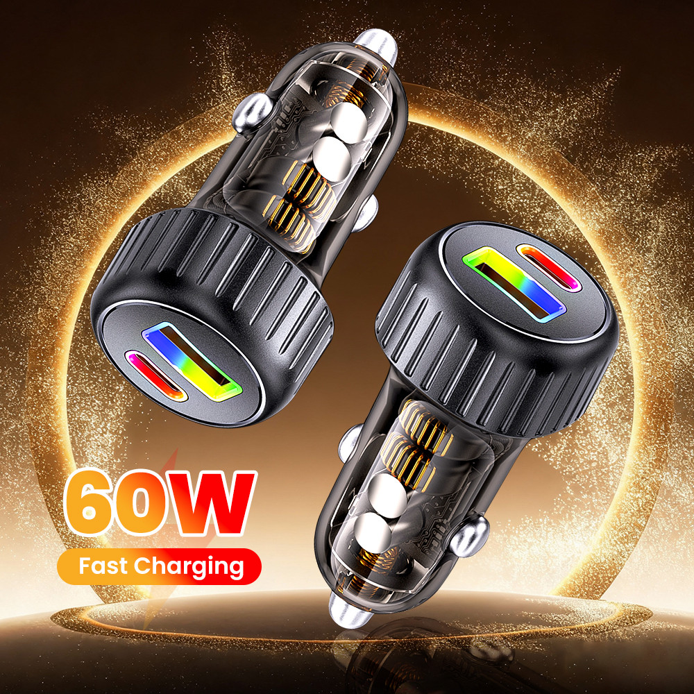 Dual Port 60W Fast Phone Charger ในรถยนต์ QC3.0 USB A + Type C อะแดปเตอร์ชาร์จสําหรับ Samsung Xiaomi
