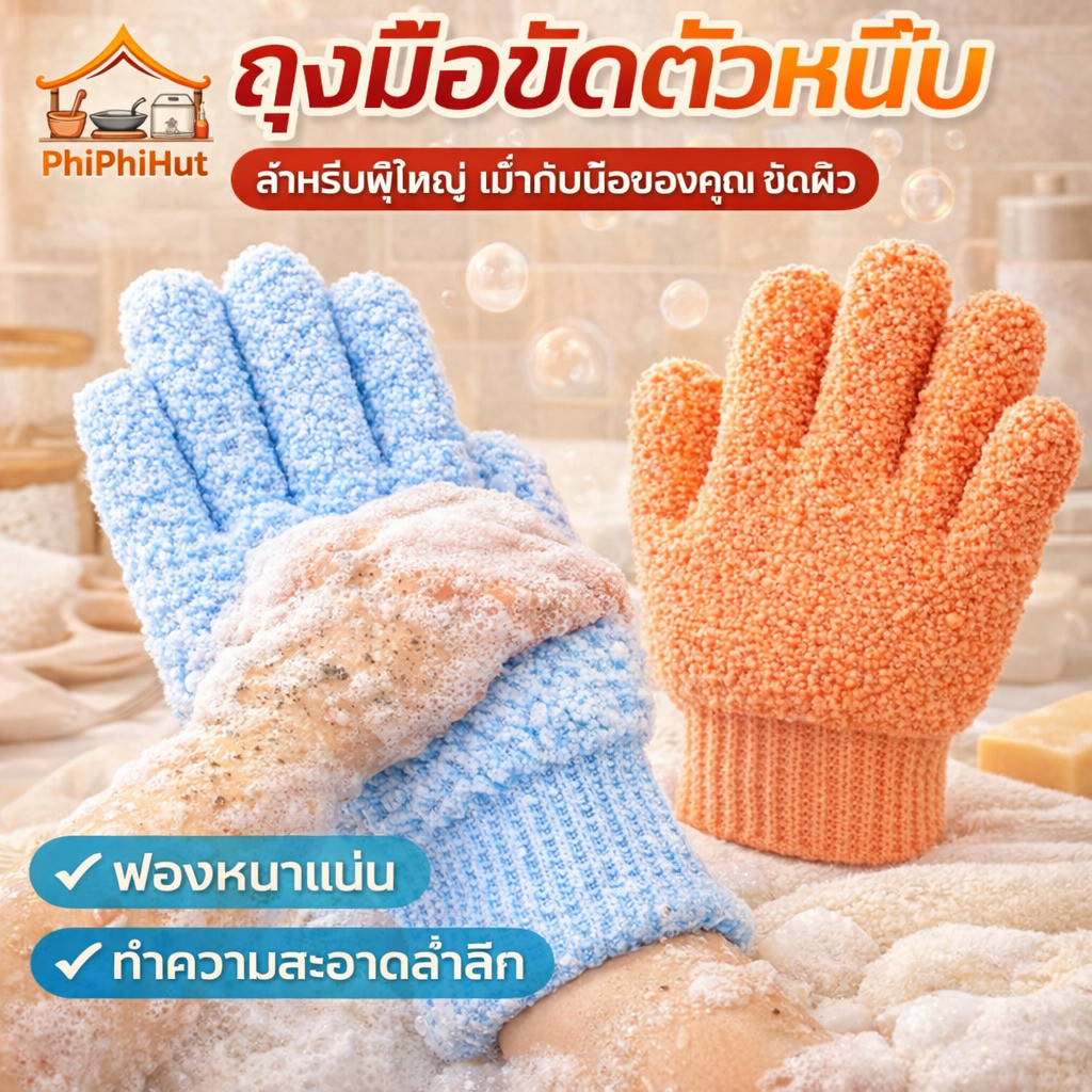 PPH ถุงมือขัดตัวห้านิ้วสำหรับผู้ใหญ่ เครื่องอาบน้ำสําหรับขจัดเซลล์ผิวเก่า