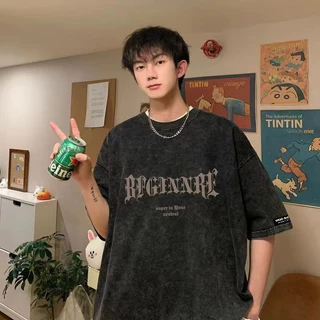 （จัดส่งตลอด 24 ชั่วโมง）HYเสื้อยืดฟอก ผ้าฝ้าย100% โอเวอร์ไซซ์ สีดําเข้ม สไตล์ฮิปฮอป เรโทรเสื้อเชิ้ตสำหรับคู่รักชายและหญิง
