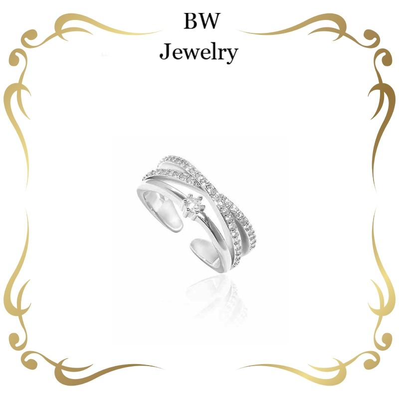BW jewerly[คุณสามารถปรับขนาด] แหวนเพชรเต็ม หรูหรา แหวนนิ้วชี้ แหวนสองวงแหวน บุคลิกที่ทันสมัย J026