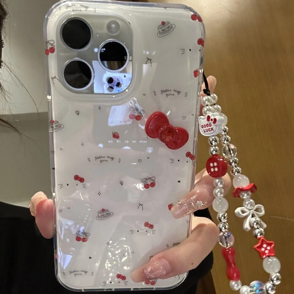 รูปแบบใหม่โบว์เชอร์รี่ KT เค้กเหมาะสําหรับ Apple 17pro/16promax เคสโทรศัพท์ 15plus/13MINI