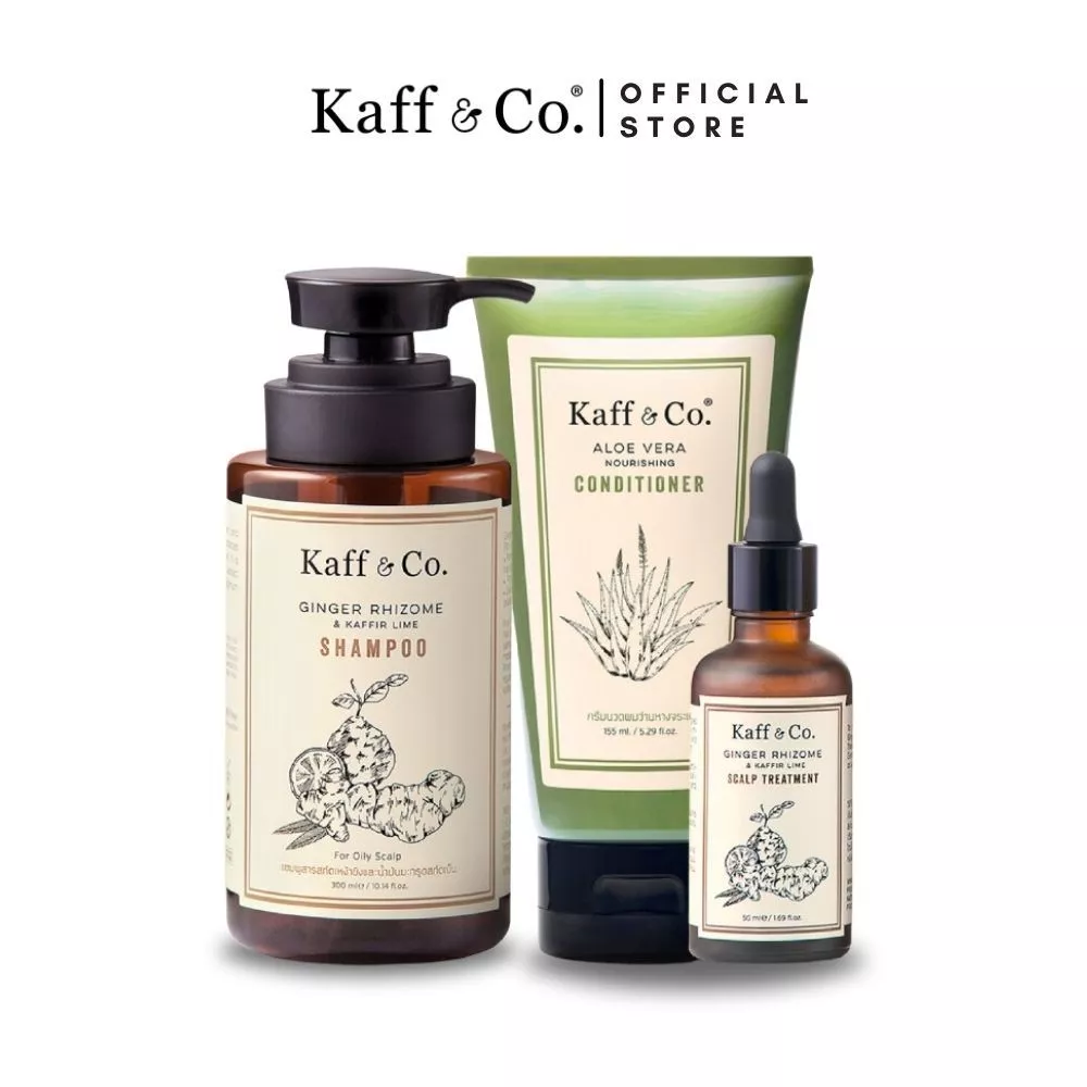 Kaff & Co. Set 3 ชิ้น สำหรับผมมัน ลีบ ขาดหลุดร่วง เส้นผมแห้ง แชมพูขิง & ครีมนวดผม & ทรีทเม้นท์ขิง