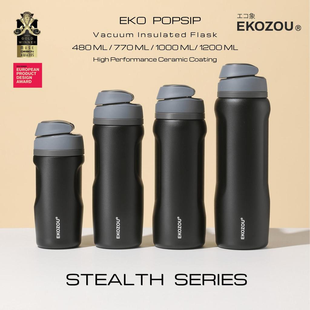 EKO POPSIP – STEALTH SERIES ขวดน้ำสแตนเลส 304 เคลือบเซรามิก ขนาด 480-770-1000-1200 ML มีหลอดดูดในตัว หิ้วได้