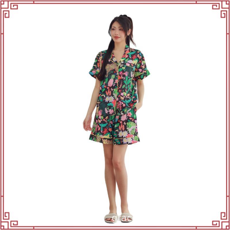 ชุดนอน Muslin Pajamas Silk Satin รุ่น Leopard Garden (W2203 V2203) | ชุดนอนชุดเที่ยว,ชุดนอนผู้หญิง