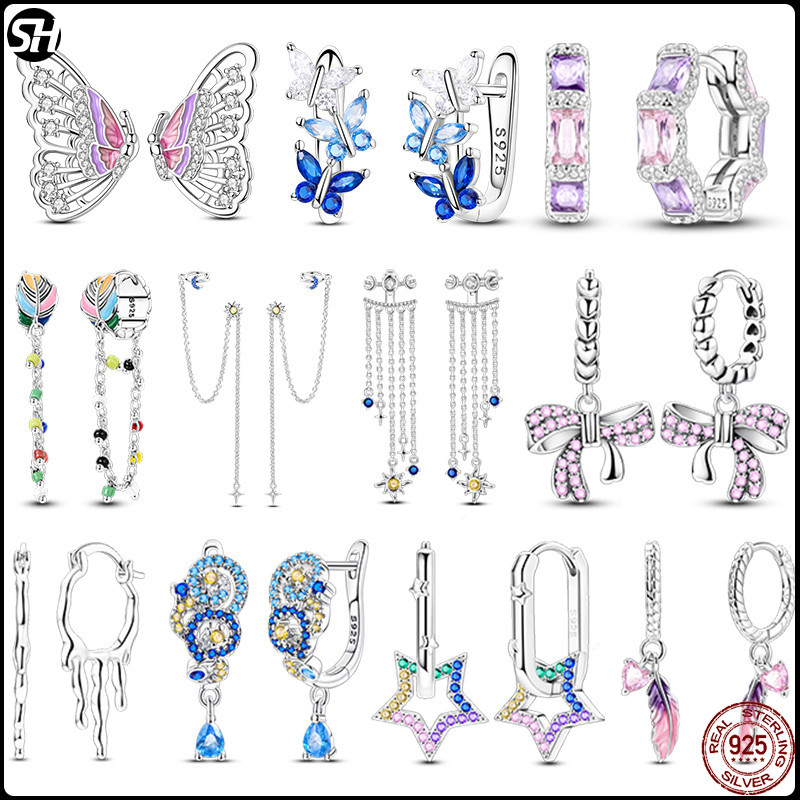 Original 925 Silver Borla ต่างหูหญิงZircon Ear StudsประกายPave Hoopต่างหูเครื่องประดับ