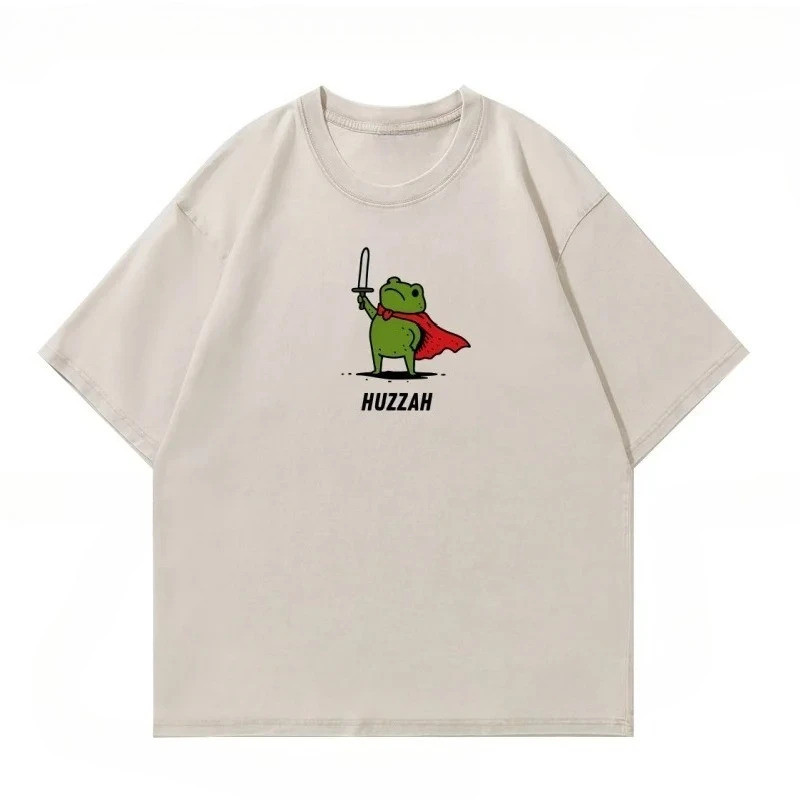 เสื้อยืด Huzzah Frog Knight เสื้อยืด Huzzah Frog with Sword เสื้อยืดลำลองแขนสั้นคอกลมสไตล์เรโทร