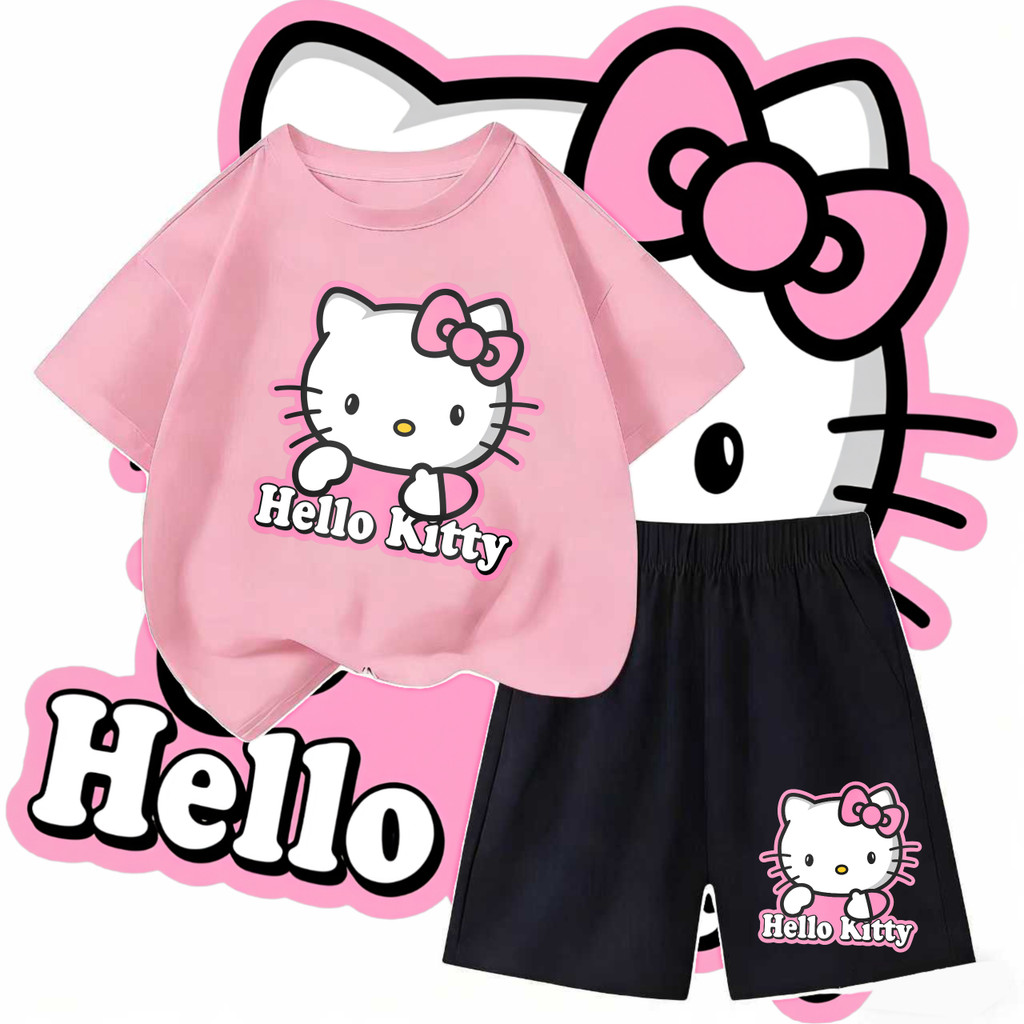 ชุดเด็ก Hello Kitty ชุดเสื้อสีแดง + กางเกงขาสั้น เสื้อผ้าฤดูร้อนสไตล์การ์ตูนน่ารักสำหรับเด็กหญิง