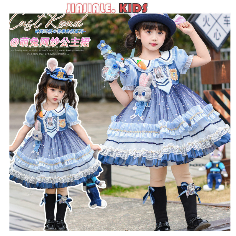2-12yrs Kids 3D Judy Hopps 9 ชิ้น | ชุดเดรสโลลิต้าแขนสั้น 3D Bunny Cop พร้อมอุปกรณ์เสริม คอสเพลย์ En