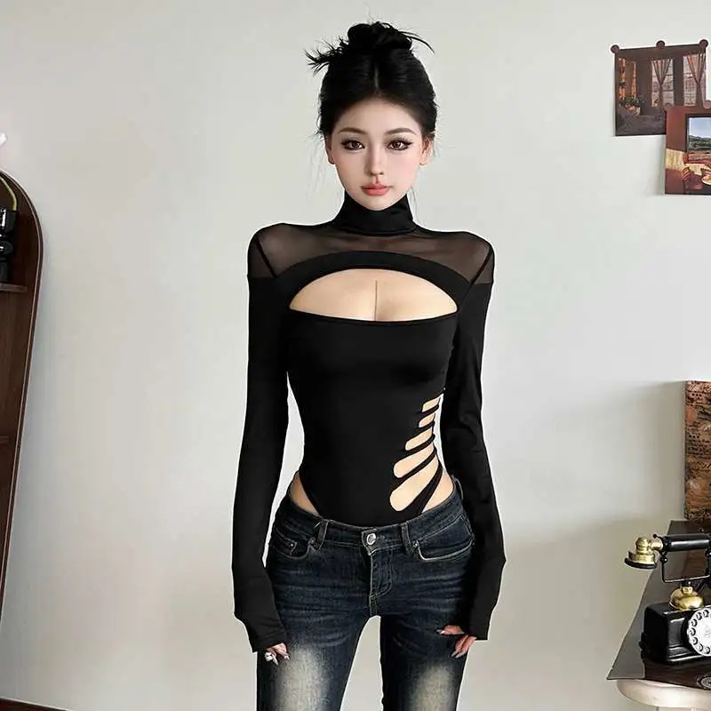 Mesh Patchwork Irregular Cutout Long Sleeves Jumpsuit เสื้อคอเต่า