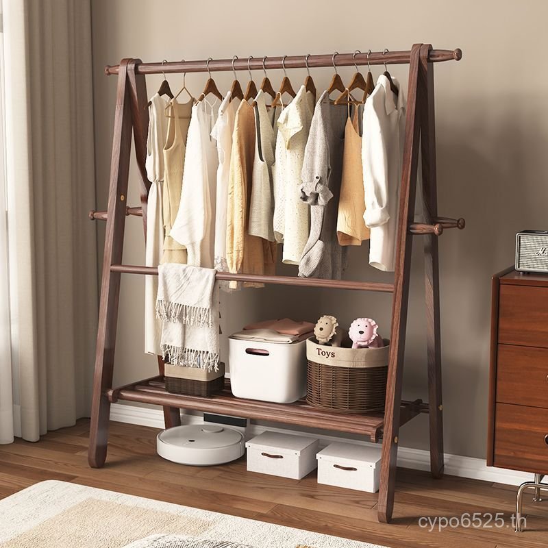 ชั้นอบแห้ง Double Full Coat Rack Beech ไม้เนื้อแข็งพับห้องนอนระเบียง Double-Layer ชั้นยาว Rod แขวนใน