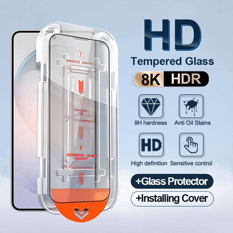 Samsung S26 Full CoverageกระจกนิรภัยสําหรับSamsung S25 Edge S24 S23 S21 S20 FE S26 S25 S21 Plus Ultra One Clickฝุ่นฟรีHDป้องกันหน้าจอฟิล์มแก้ว
