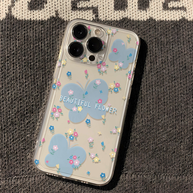 เคสโทรศัพท์ลายผีเสื้อสีฟ้า ใช้ได้กับ iPhone 13/11/12/14/15 Pro Max/16 Pro/15 Plus, X/XR/7 Plus เคสโทรศัพท์ใสคุณภาพสูง