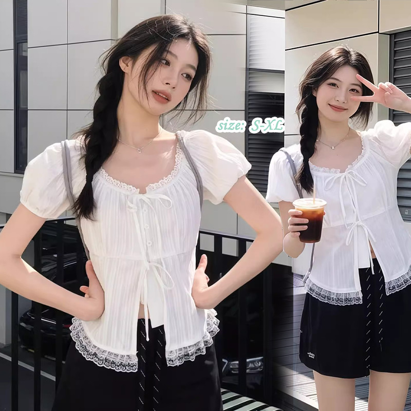 W712เสื้อแขนสั้นผูกเอวแต่งลูกไม้รุ่นใหม่สำหรับผู้หญิง เหมาะสำหรับใส่ในฤดูร้อน ดีไซน์น่ารัก มีให้เลือกทั้งสีดำและสีขาว