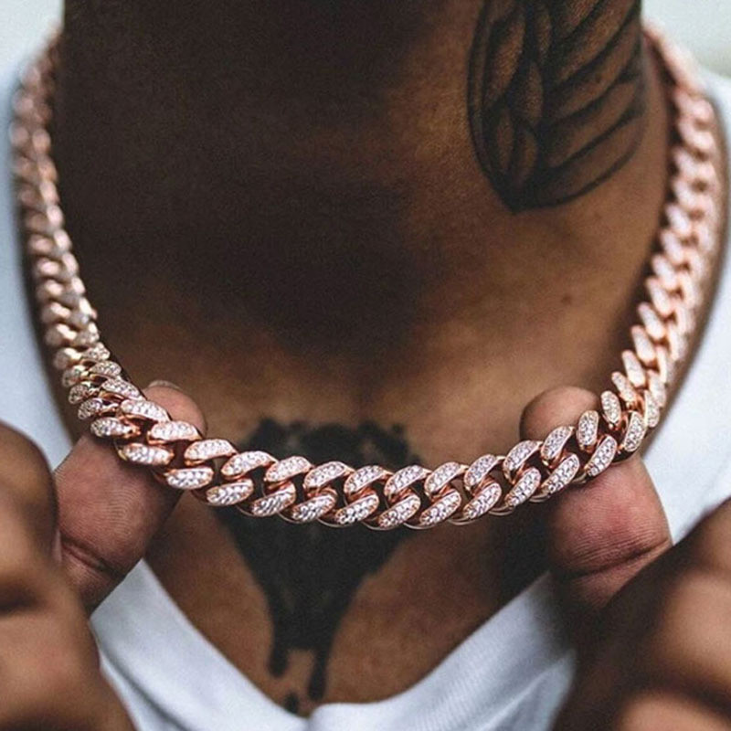 Spot Goods#Pink women's necklace, European and American hip-hop style13mm Cuban hip-hop chain men's 