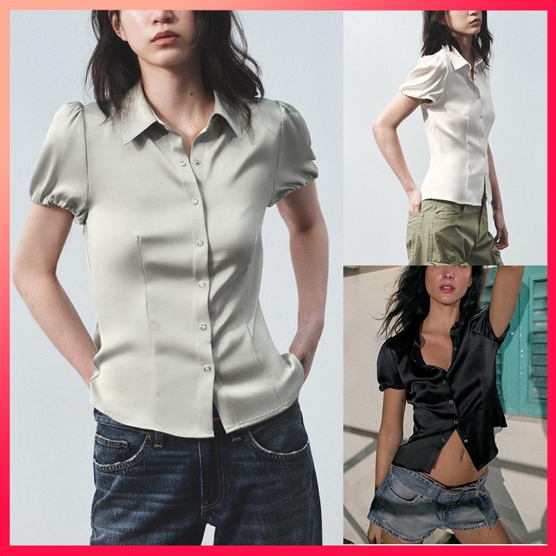 LANMON ZA 26 เสื้อสไบท์핏คอพัฟแขน สำหรับสวมใส่ในฤดูร้อน ทำจากผ้าไหมซาติน รหัส 4764004