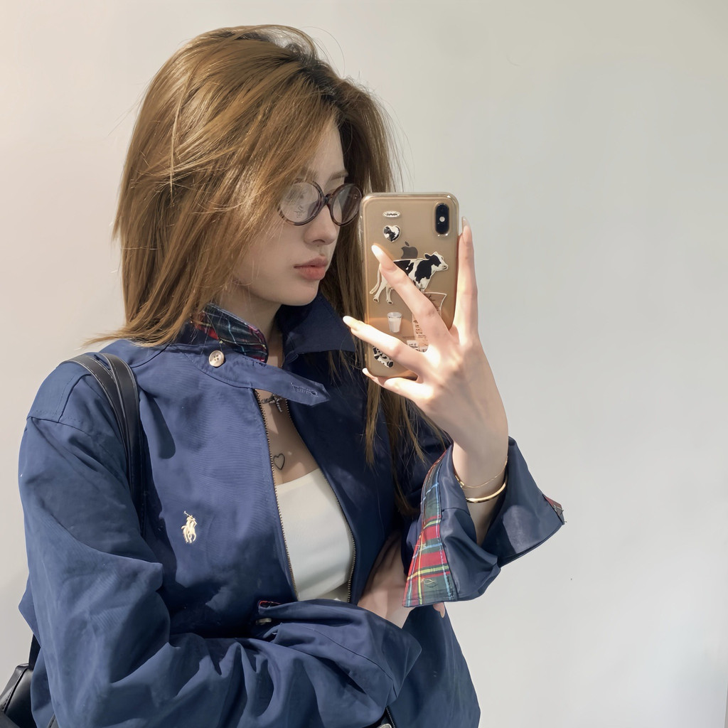 7N5Q R-L Old Money Style Little Horse Embroidery Executive Jacket with Turn-down Collar and Zipper, 