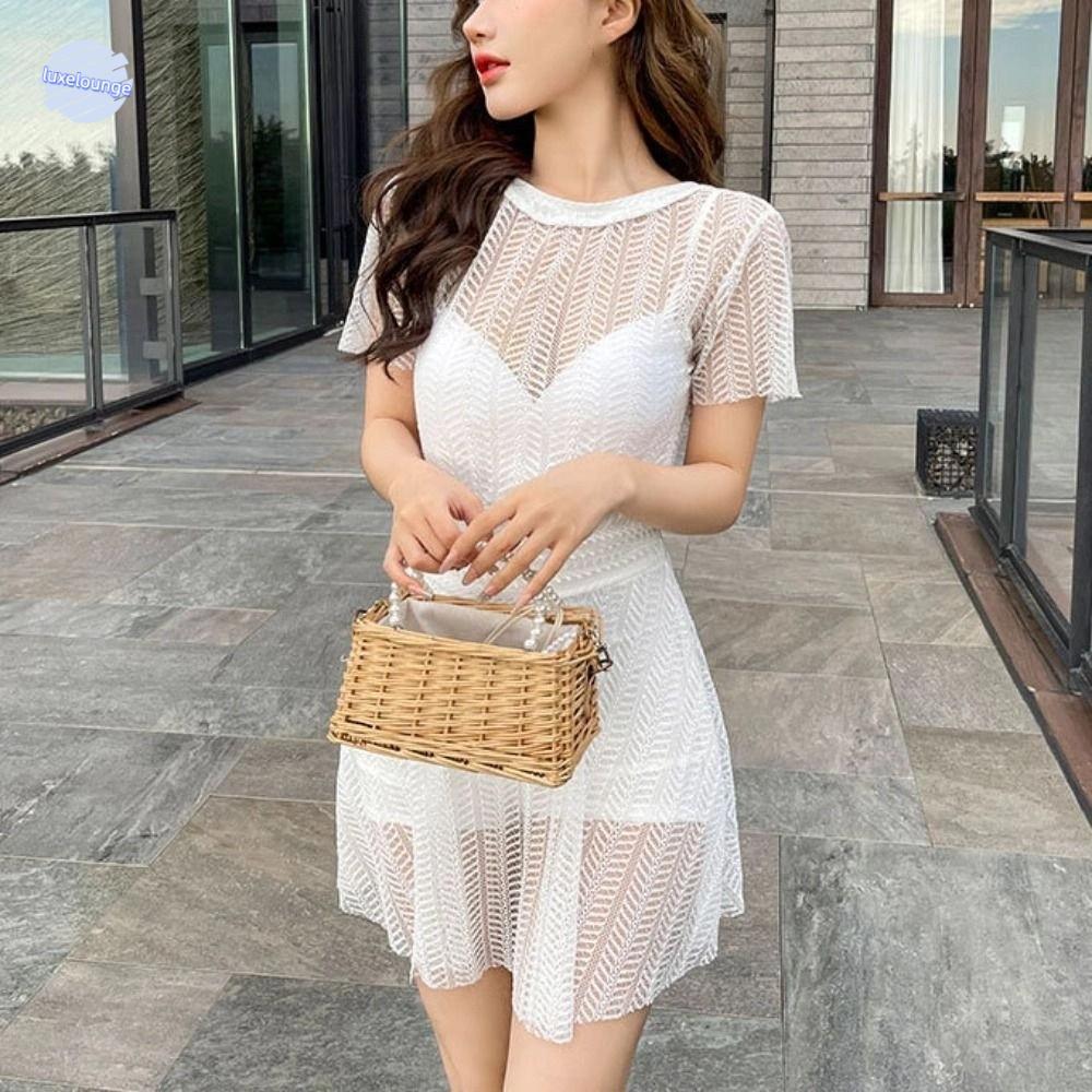 LUXELUNGE กระโปรงลูกไม้ชุดว่ายน้ํา,ตาข่ายHollowโปร่งใสชุดว่ายน้ํา,แฟชั่นBacklessแขนสั้นBeachwearชุดว่ายน้ําน้ําพุร้อนชายหาด