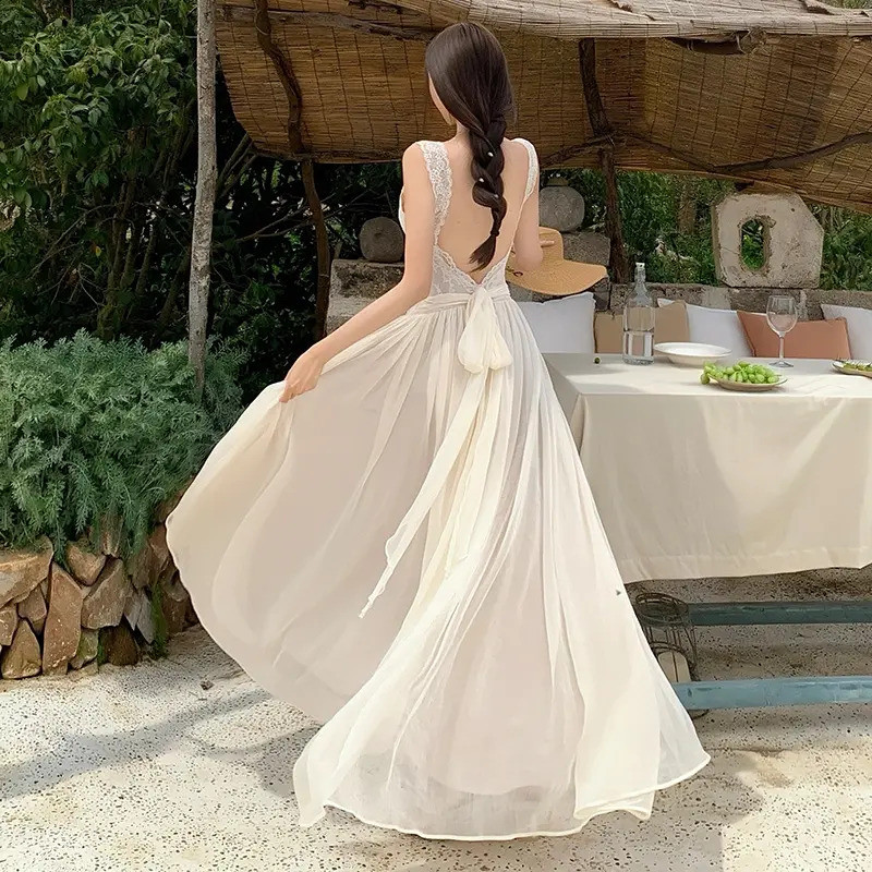 ผู้หญิงฤดูร้อนลูกไม้ Patchwork Backless เอว-Cinching สไตล์วันหยุดอ่อนโยน A-Line Casual Maxi Strappy Dress