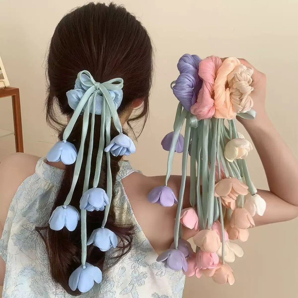 โบว์ผมขนาดใหญ่ลายลิลลี่พร้อมขอบระดับไฮเอนด์และริบบิ้นไหล สไตล์สำหรับผูกผมหางม้าและสายผม