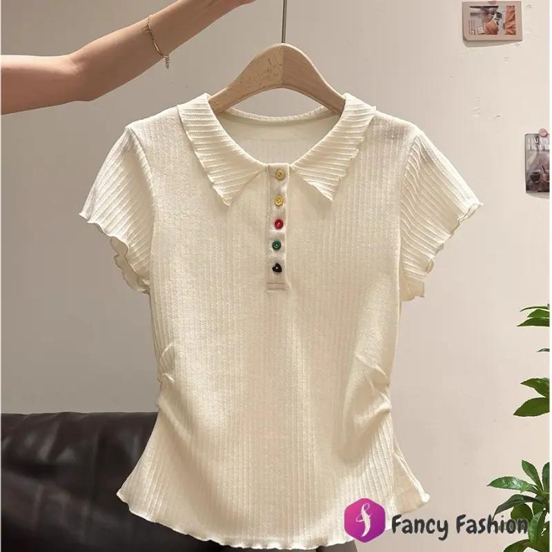 เสื้อยืดผู้หญิงทรงเข้ารูป ดีไซน์ทันสมัย ​​เสื้อเชิ้ตแขนสั้นไซส์ใหญ่สำหรับผู้หญิงรุ่นล่าสุด ปกโปโล เสื้อยืดทรงเข้ารูป