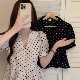 99139 เสื้อชีฟองแขนสั้นลายจุดใหม่สำหรับผู้หญิง คอปกปีเตอร์แพน เหมาะสำหรับใส่ในฤดูร้อน มีให้เลือกสองสี
