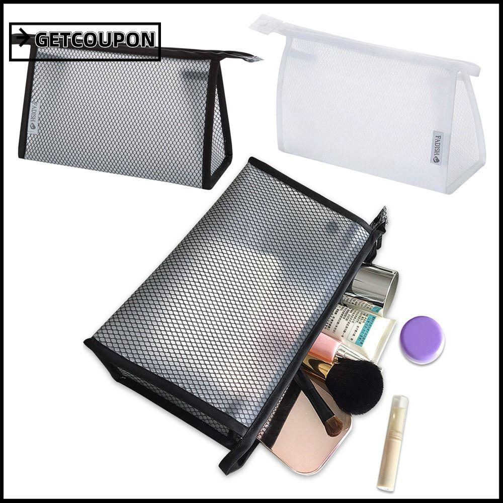GETCOUPON กระเป๋าเครื่องสําอาง, EVA Mesh Black/White Makeup, ซิปกันน้ํา Travel Toiletry Organizer Wo
