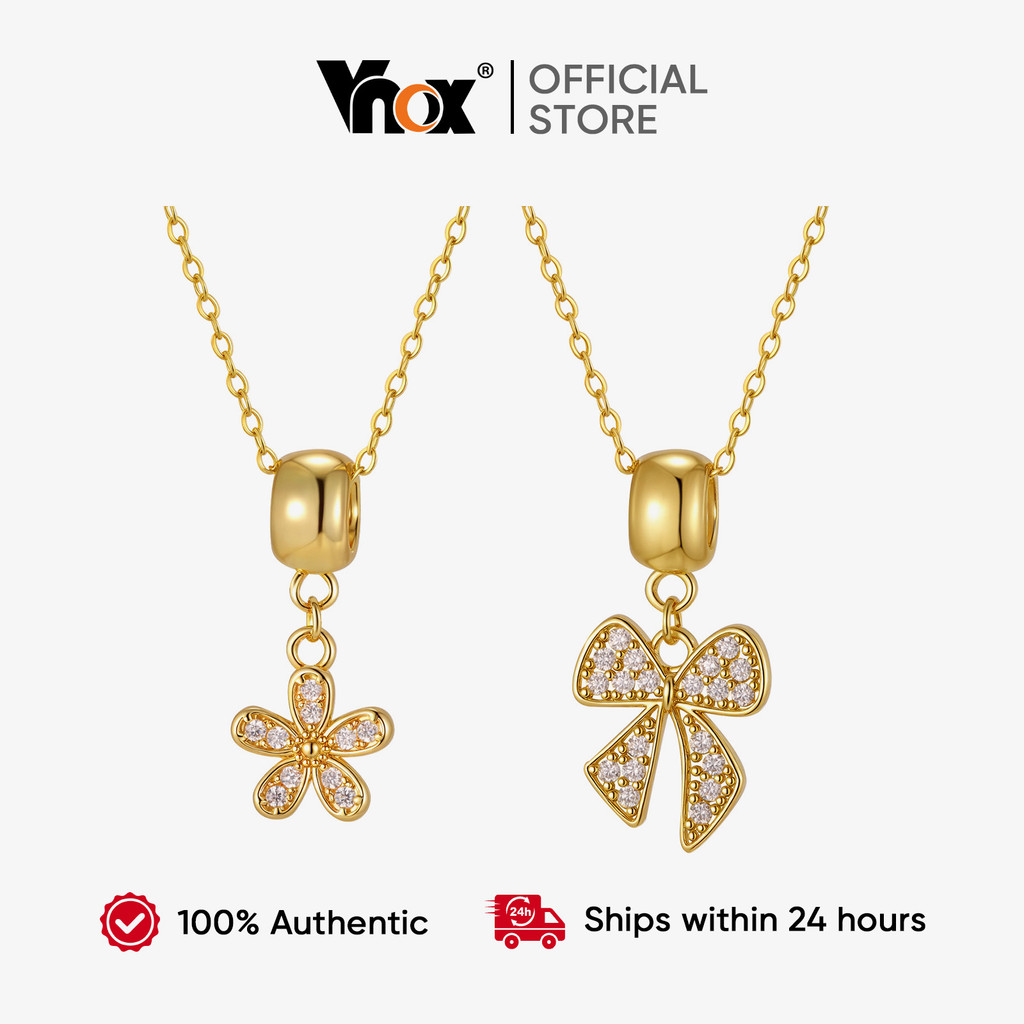 Vnox Zircon ดอกไม้ Bowknot สไตล์สร้อยคอจี้สําหรับผู้หญิงสาว,18K Gold สแตนเลสสร้อยคอน่ารัก