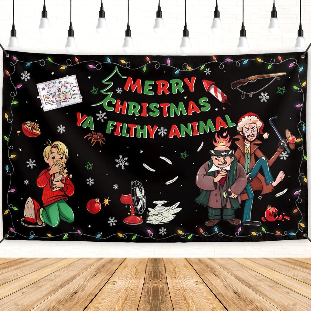 Home Alone แบนเนอร์ Merry Christmas Ya Filthy สัตว์ฉากหลังป้ายตลก Xmas Decor Home Alone ตกแต่งคริสต์