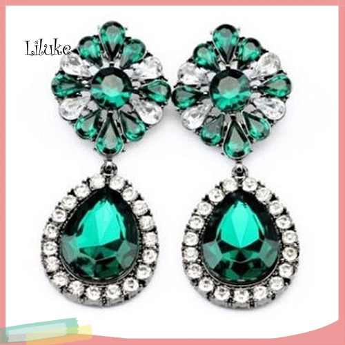 LK Vintage Lady Green Rhinestone Flower Teardrop Statement Dangle Stud ต่างหู
