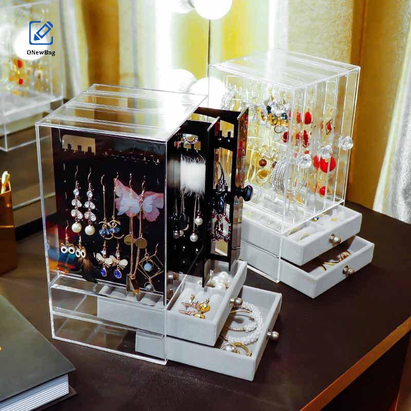 ONew A ต่างหูและสร้อยคอใส, กล่องเก็บพลาสติกวินเทจพร้อมลิ้นชักสําหรับสร้อยข้อมือ, แหวนและอุปกรณ์เสริม