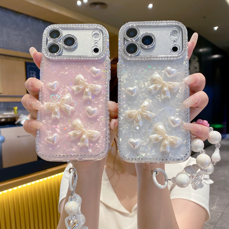 3DวางสีขาวPearl Bow IMD Hard CaseสําหรับiPhone 11 12 13 14 15 16 17 Pro Max Plus Airปลอกเพชรขอบเลเซอร์รูปหัวใจเคสโทรศัพท์สําหรับiPhone17Promaxฝาครอบกรณี