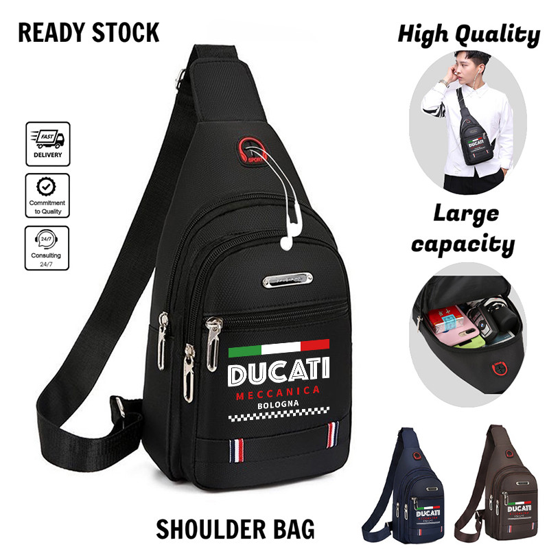 คุณภาพสูงขายร้อน Ducati Meccanica Bologna พิมพ์หน้าอกสลิงกระเป๋าผู้ชายผ้าใบกันน้ํา Fanny Pack กระเป๋าสะพายข้างน้ําหนักเบาหลายกระเป๋าสายรัดปรับได้สําหรับอิตาลี Moto พัดลม