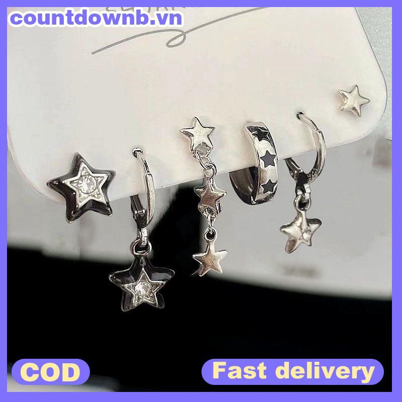 CO 6PCS ชุด Goth Punk Vintage ความงามคริสตัลหัวใจ Moon Cross Star จี้ต่างหูสําหรับผู้ชายผู้หญิง Grun