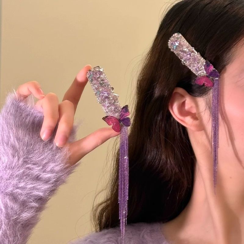 New Product#[Shop Hot Sale]HEY TAO Super Fairy Purple Zircon Butterfly Tassel Hair Clip for Women, L