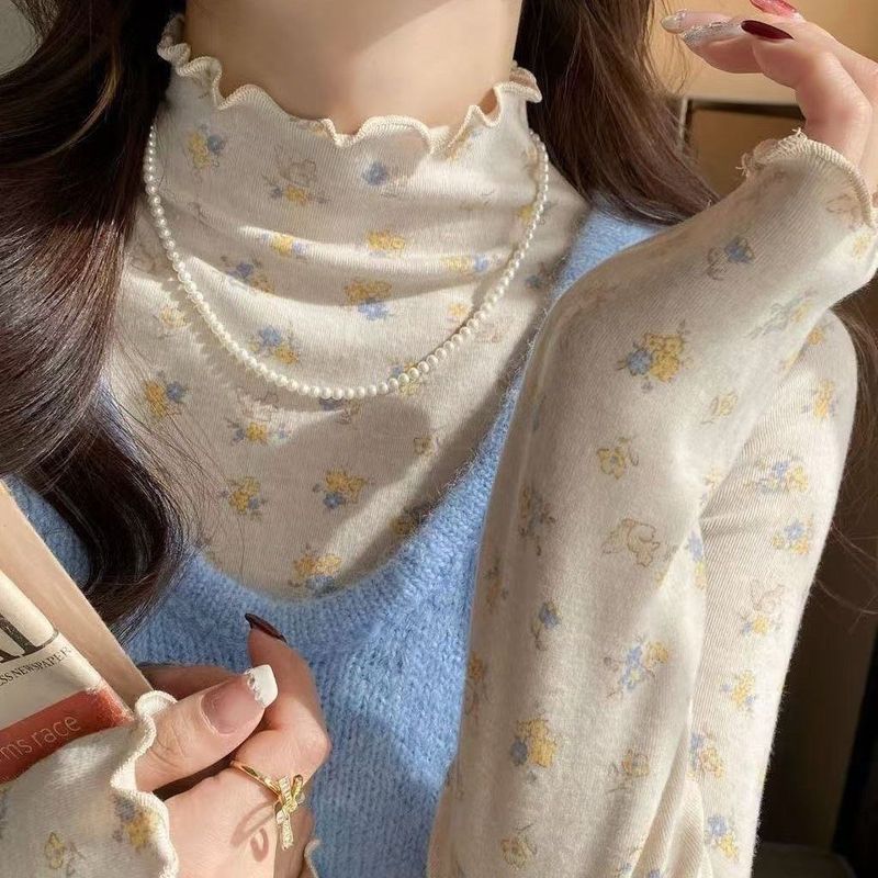 เสื้อยืดแขนยาวครึ่งคอสูง ลายเชื้อราดอกไม้ กํามะหยี่ขอบหู สำหรับฤดูหนาว พอดีตัว อุ่นสบาย