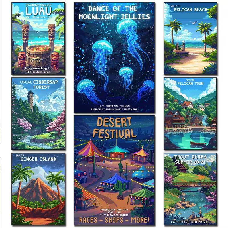 Moonlight Stardew Valley เทศกาลการ์ตูนน้ําแข็งฤดูหนาวป่าขนม Frameless กันน้ําผ้าใบโปสเตอร์พิมพ์ Wall Art สําหรับตกแต่งบ้าน