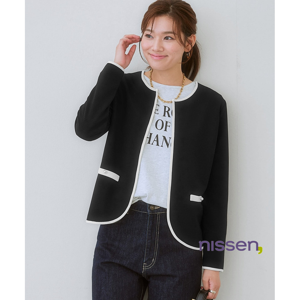 [จัดส่งจากประเทศญี่ปุ่น] Nissen_  ใหม่ล่าสุด แจ็คเก็ตไม่มีปก เสื้อคลุมผ้าคัทโซว์นุ่มสบาย กระดุมมุก ดีไซน์เก๋ สีตัดกัน ใส่ทำงาน ประชุม ออกงานสำคัญได้ สไตล์ญี่ปุ่น หรูหรา ซักง่าย มีไซส์ใหญ่พิเศษ พร้อมโปรโมชั่นดีๆ! ️