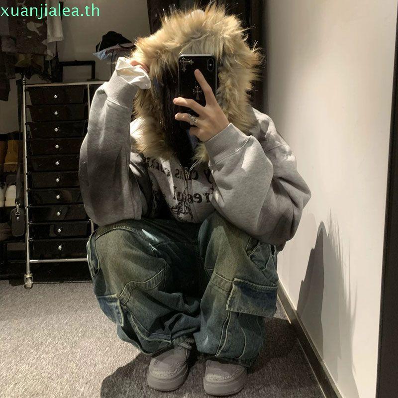 American Retro Y2k Millennium Fur Collar Zipper Hooded Jacket สําหรับผู้หญิง Dark Street Jacket