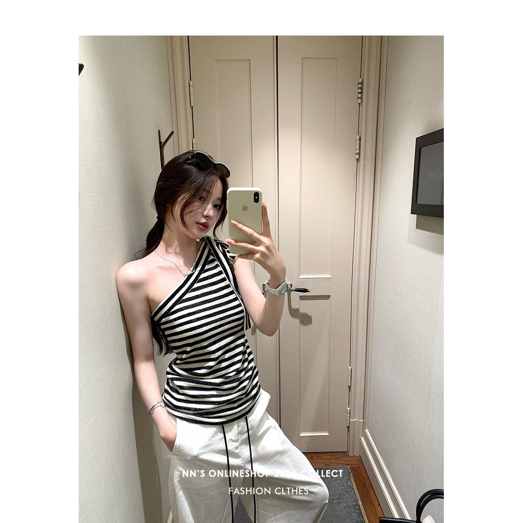 L'Oreal Cotton[Han Nan Dong Oni]Korean Style Unique Design Asymmetrical Shoulder Striped Tank Top fo