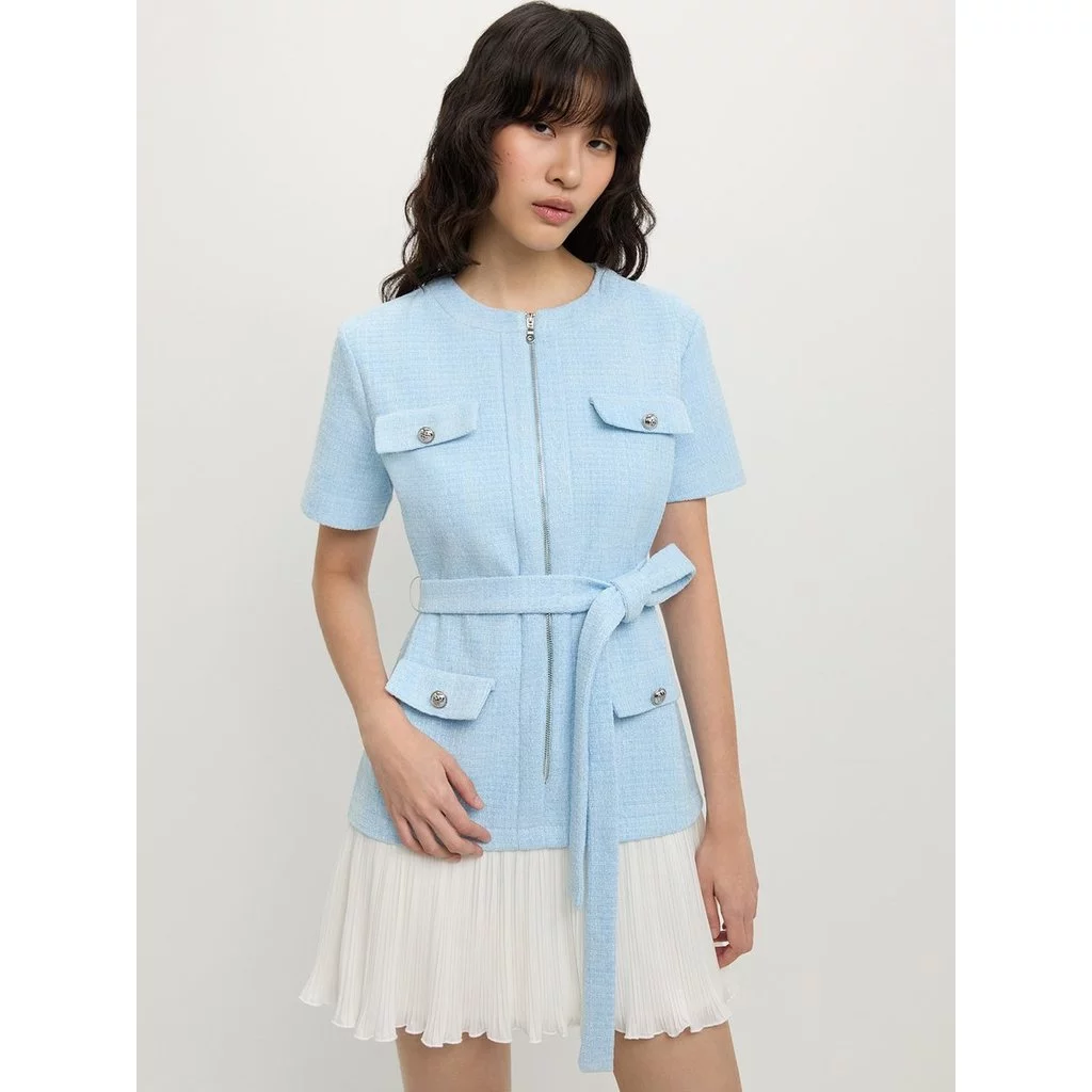 [Pomelo] เดรสผ้าทวีตชายกระโปรงพลีท / Tweed and Pleated Hem Dress