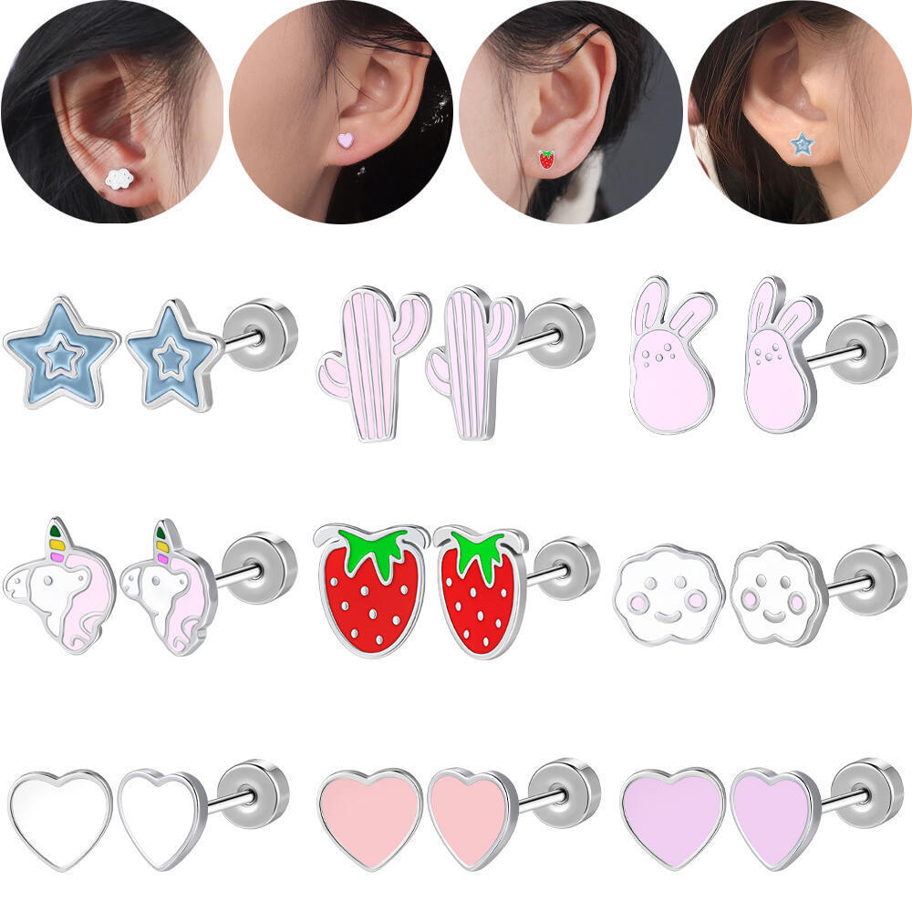 ต่างหูหัวใจสแตนเลสสตีล ขนาด 6 มม. พิมพ์ลาย.Cloud Star สตรอเบอร์รี่ ใช้ได้กับ Helix, Conch และ Daith
