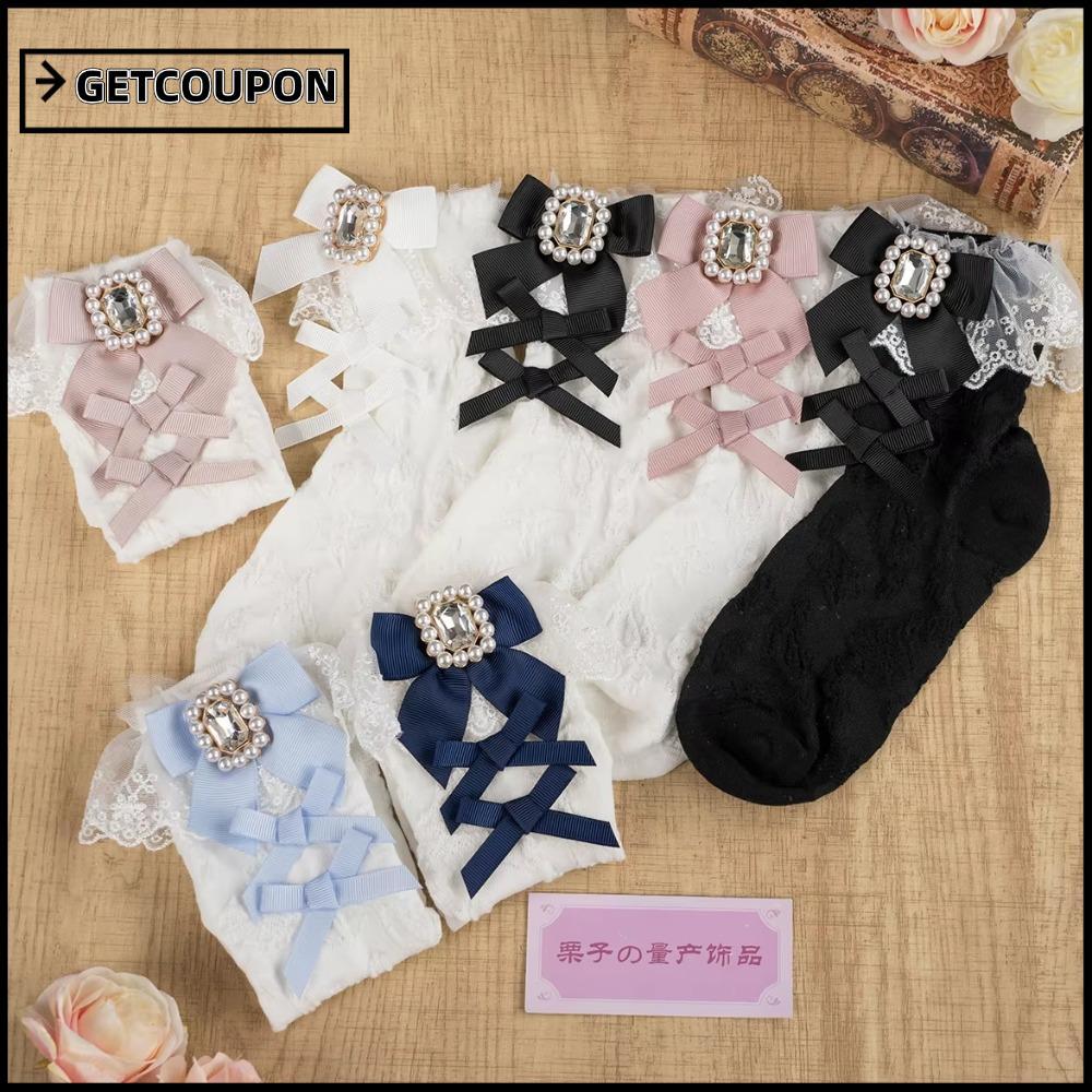 ถุงเท้าข้อเท้าผ้าฝ้ายลูกไม้ สไตล์ Lolita JK พร้อมโบว์ เหมาะสำหรับสวมใส่ในฤดูใบไม้ผลิและฤดูร้อนสำหรับผู้หญิง