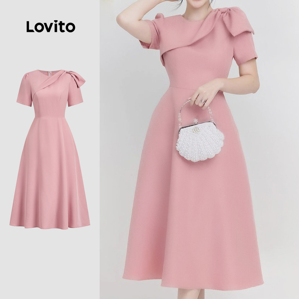 Lovito ชุดเดรสสีชมพูฤดูใบไม้ผลิ/ฤดูร้อนปมธรรมดาหรูหราสําหรับผู้หญิง L134LD123